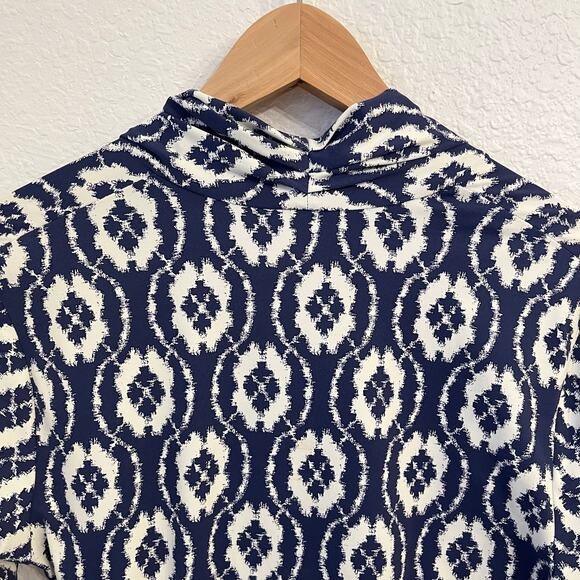 J. McLaughlin Catalina Cloth Faux-Wrap Dress Small Navy Geometric Office Stretch - Picture 6 of 13